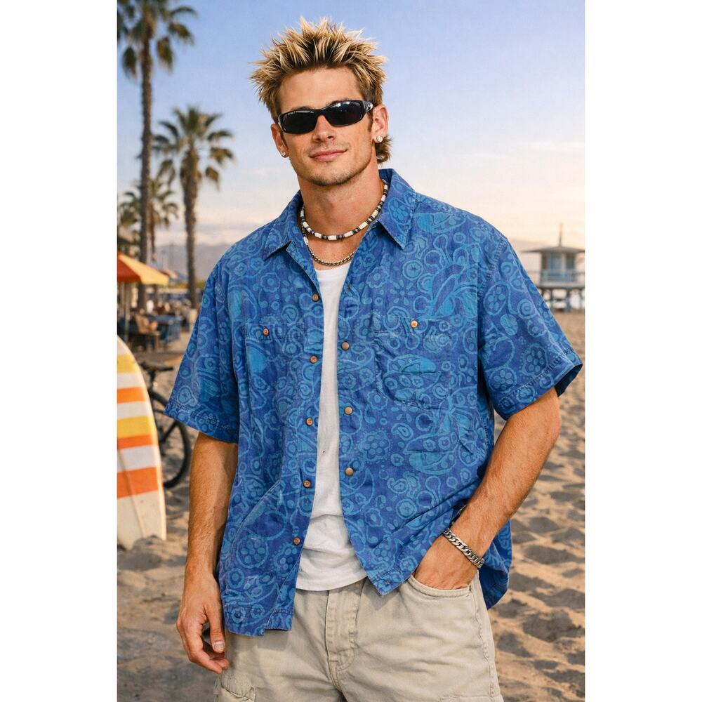 Vintage 90s Y2K Patterned Short Sleeve Button Down Shirt Size Medium Wrapsody